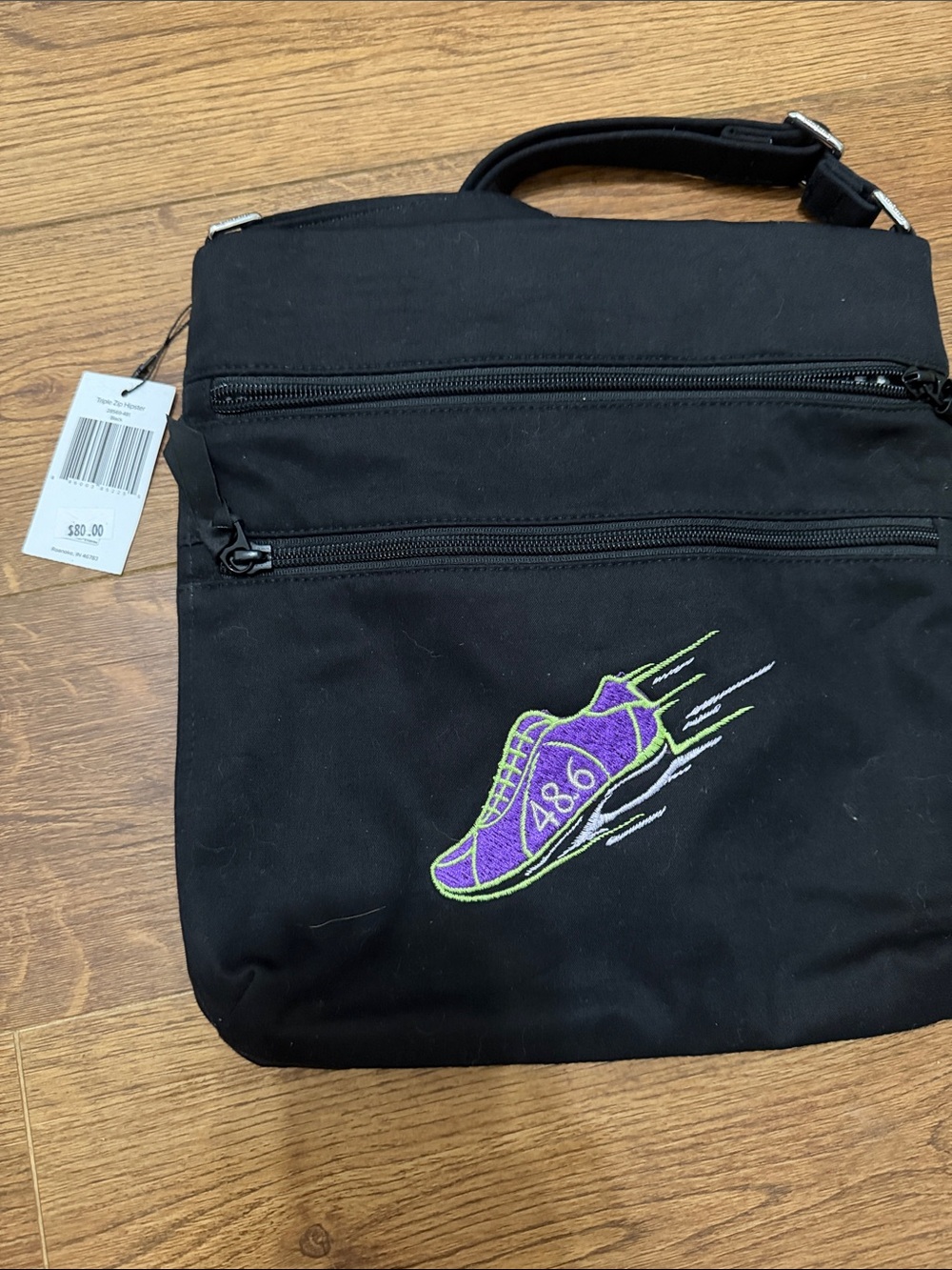 Black Messenger Bag with Purple Dopey Challenge shoe Embroidery